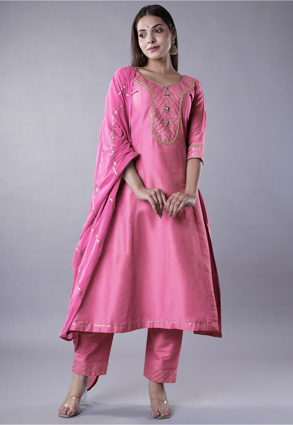 Pink Moonga Silk Embroidered Eid Style Anarkali Suit