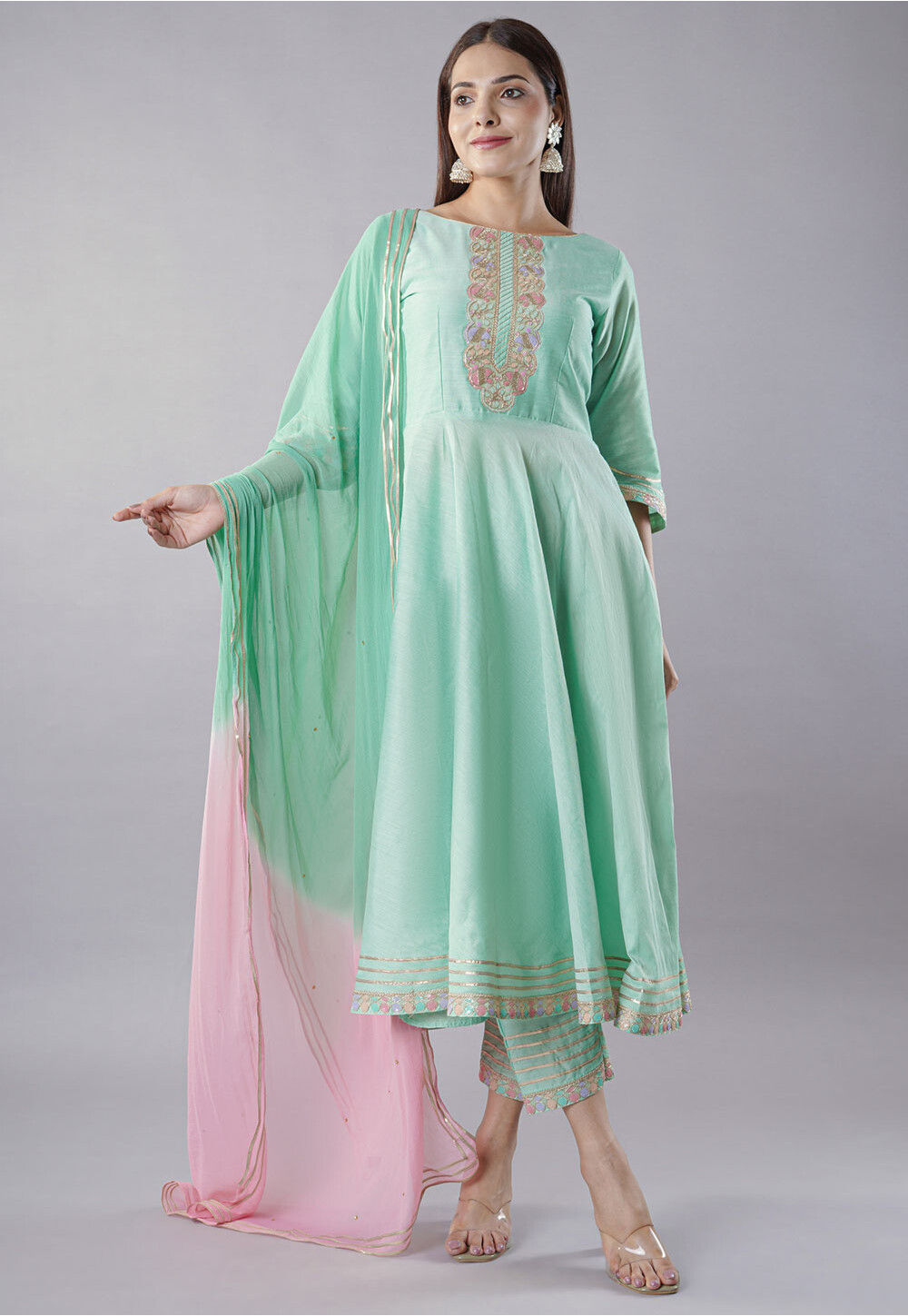 Green pure Cotton Full Flair Indowestern Anarkali Suits with Sleek Embroidery Work on Neck