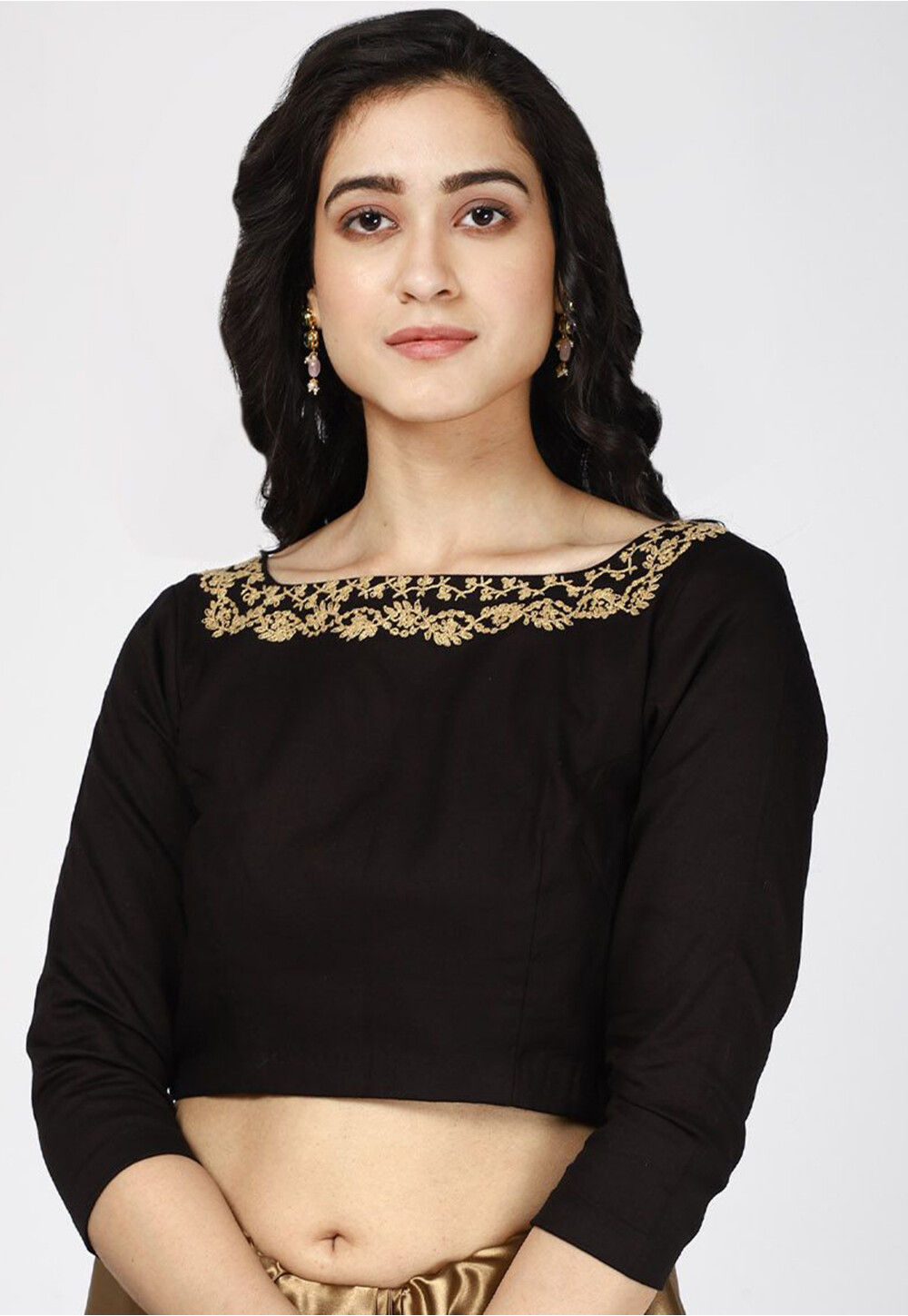 Embroidered Cotton Silk Blouse in Black : URC88