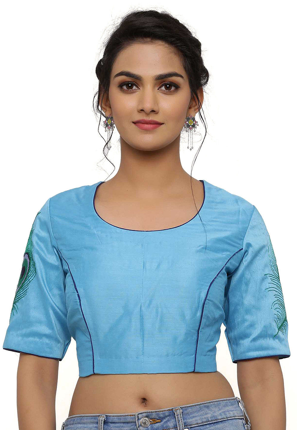 Embroidered Cotton Silk Blouse in Light Blue : UBD1022
