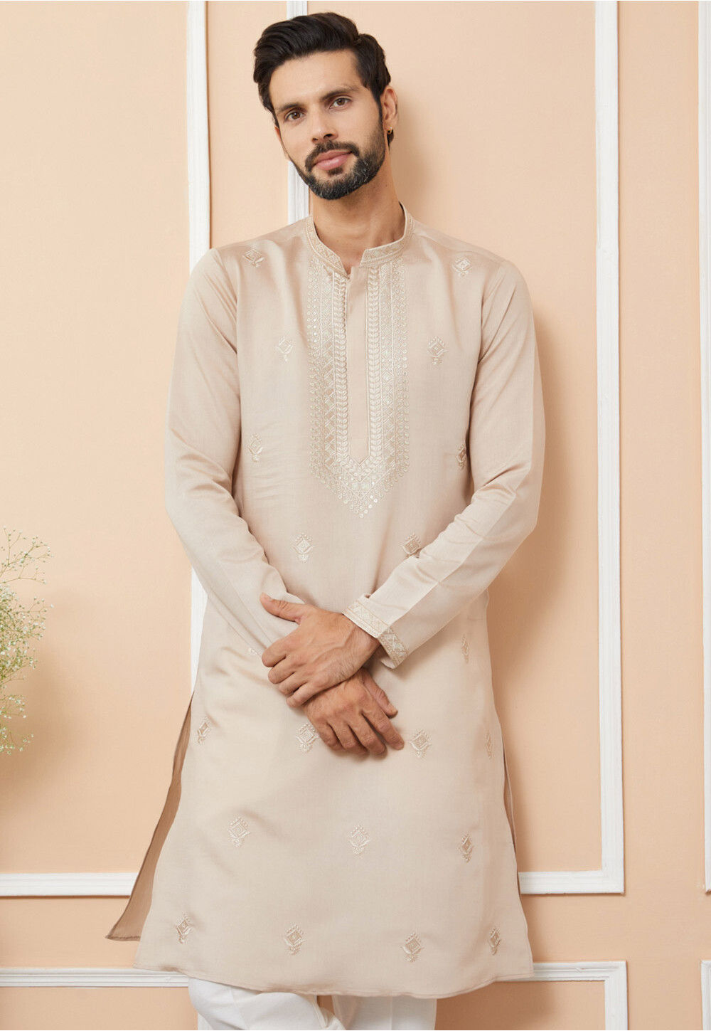 LIGHT MAUVE EMBROIDERED COTTON SILK KURTA WITH PANTS main image 0