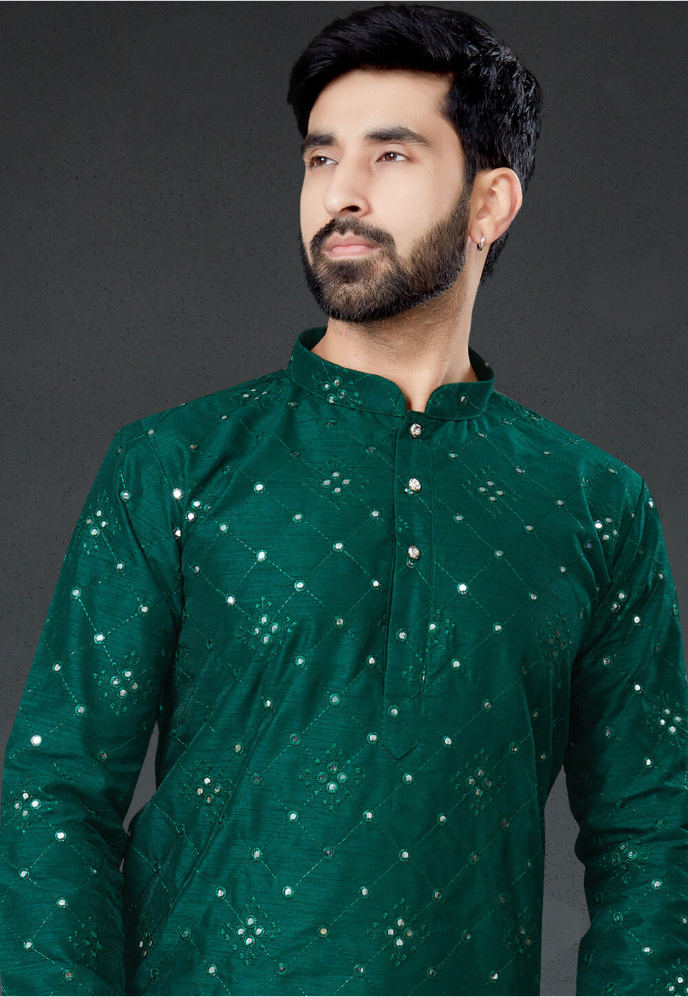 Men'S Dark-Green Embroidered Kurta Only