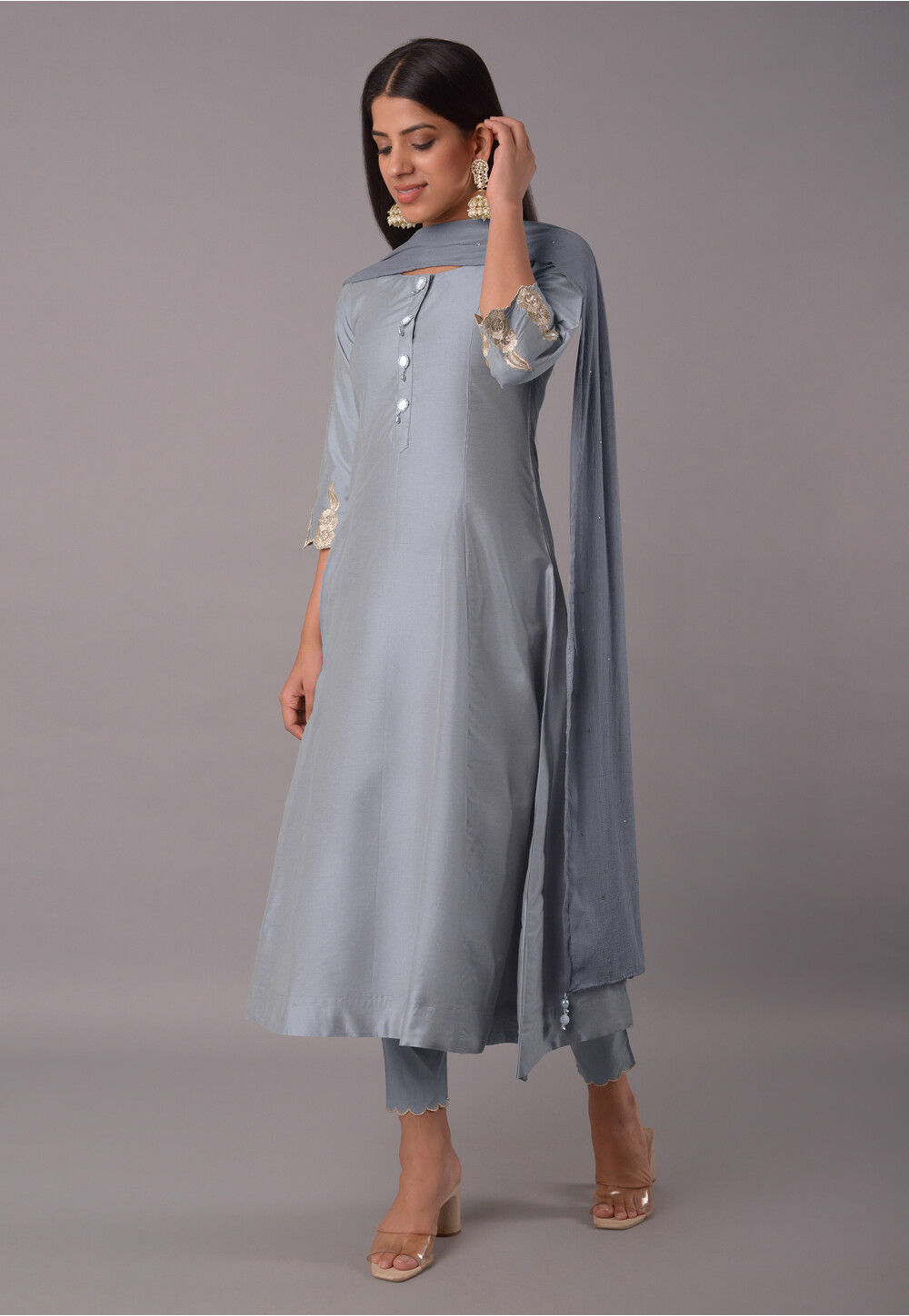 Embroidered Cotton Silk Pakistani Suit in Grey