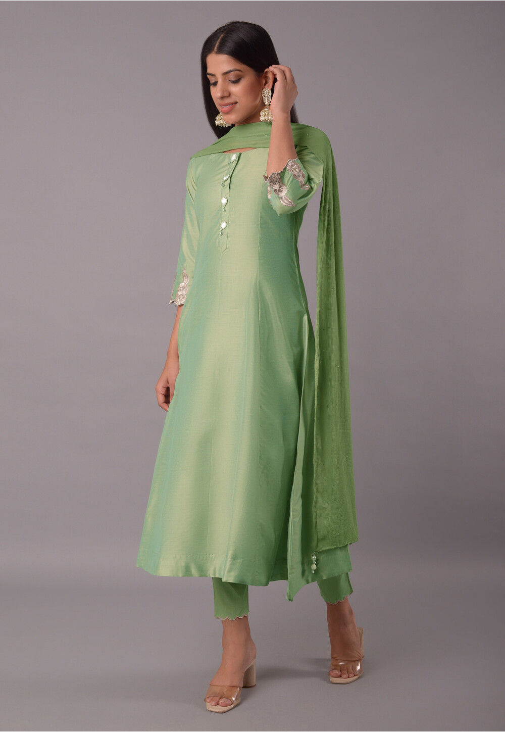 Suit Cotton And Silk Dresses Embroidered Cotton Silk Pakistani Suit In Light  Green