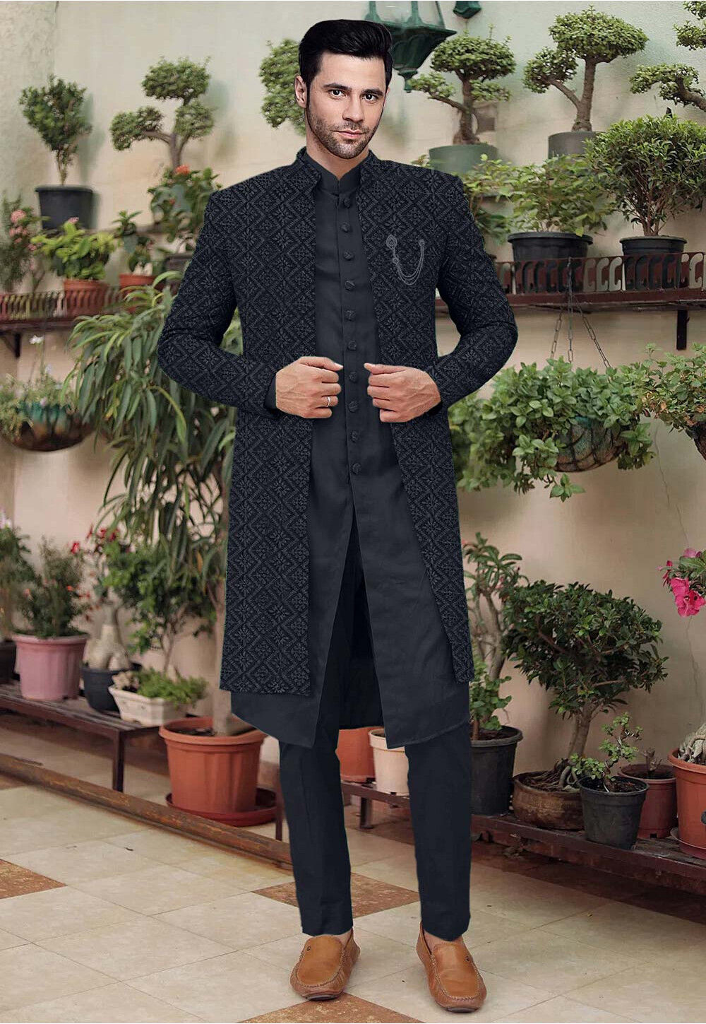 Buy Embroidered Cotton Silk Sherwani in Black Online MXX915