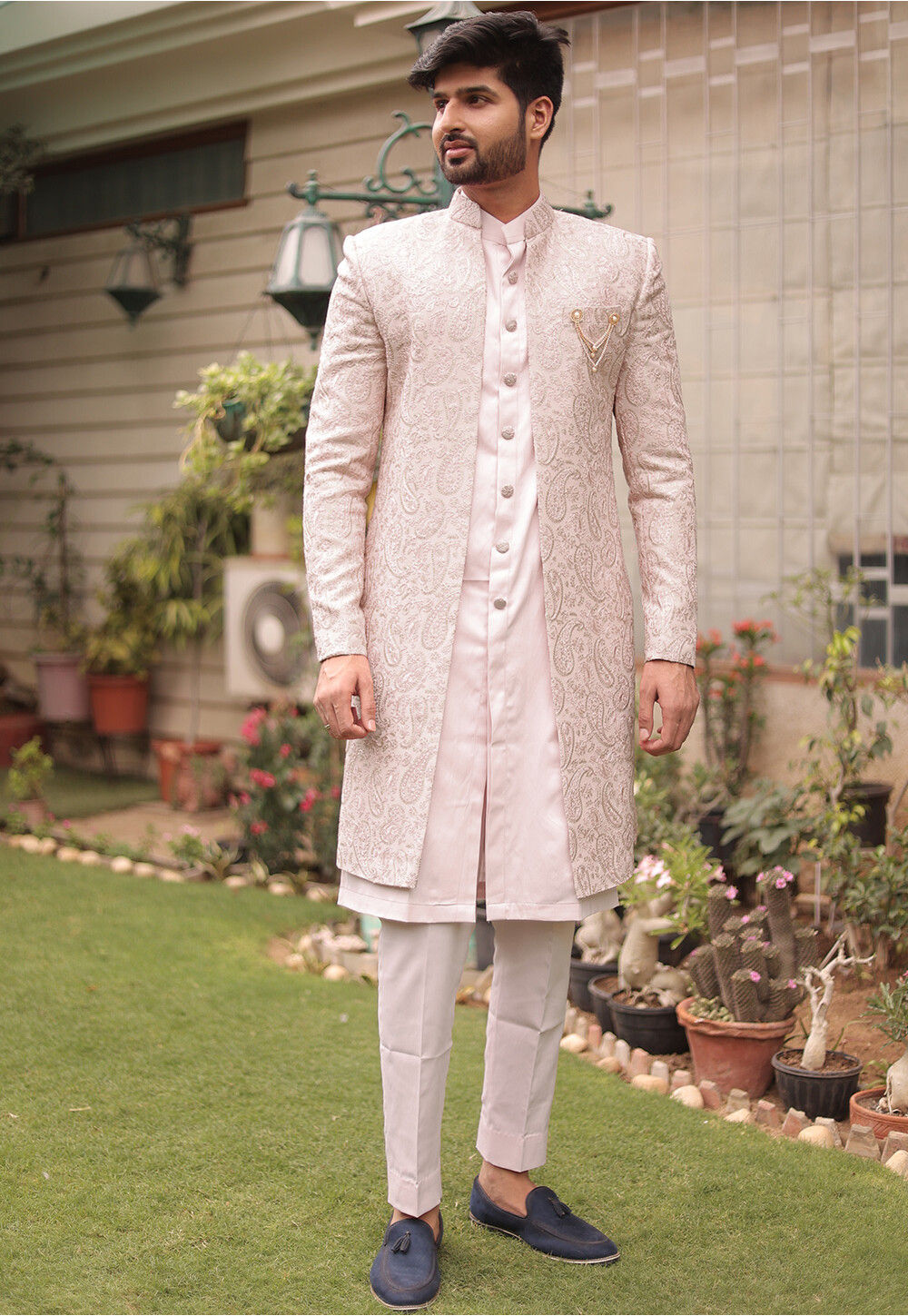 Buy Embroidered Cotton Silk Sherwani in Fawn Online MTE2616