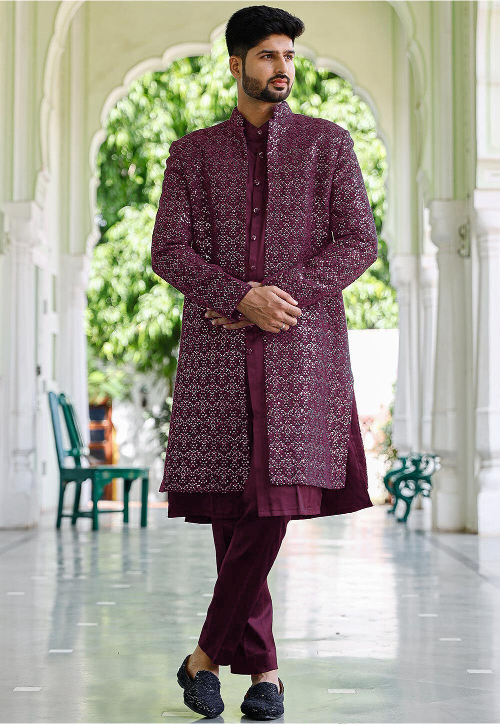 Buy Embroidered Cotton Silk Sherwani in Wine Online MTE1539 Utsav Fashion