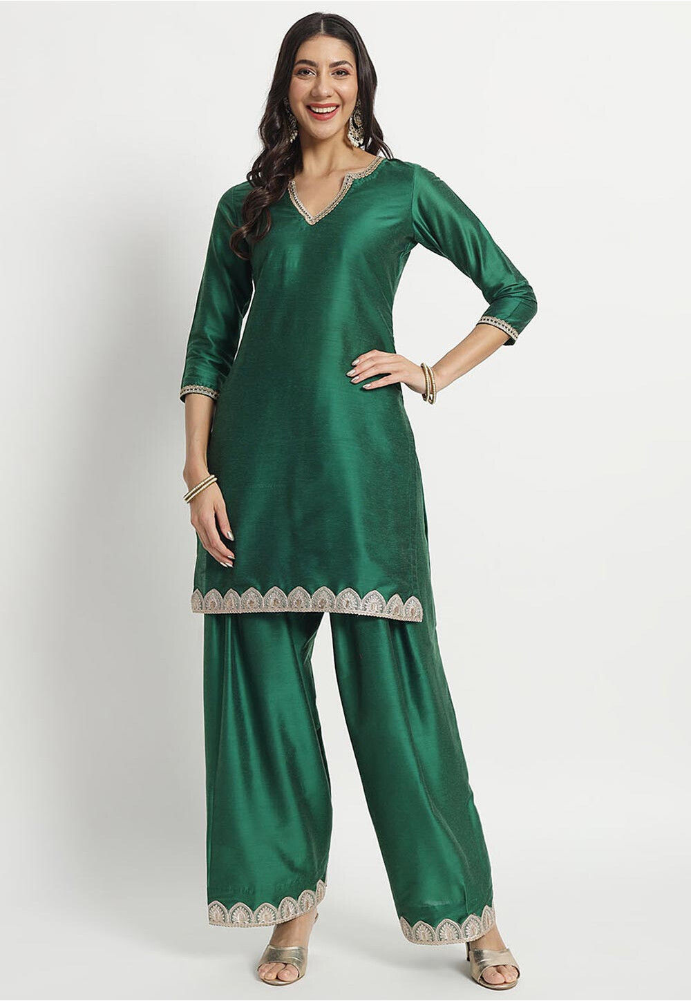 Dark Green Cotton Embroidered Kurta Set