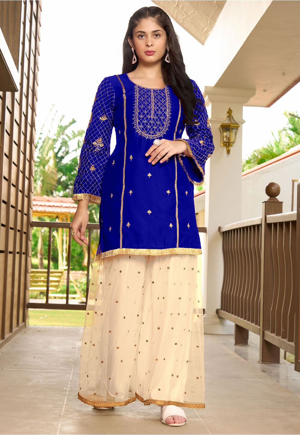 Navy Blue Embroidered Silk Blend Straight Kurta Set