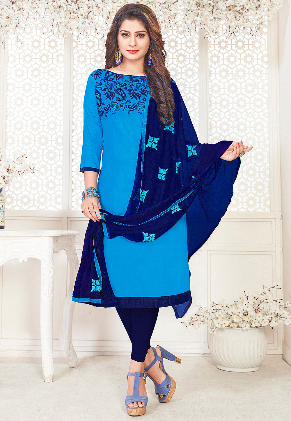 Blue Embroidered Cotton Straight Suit Set With Trousers
