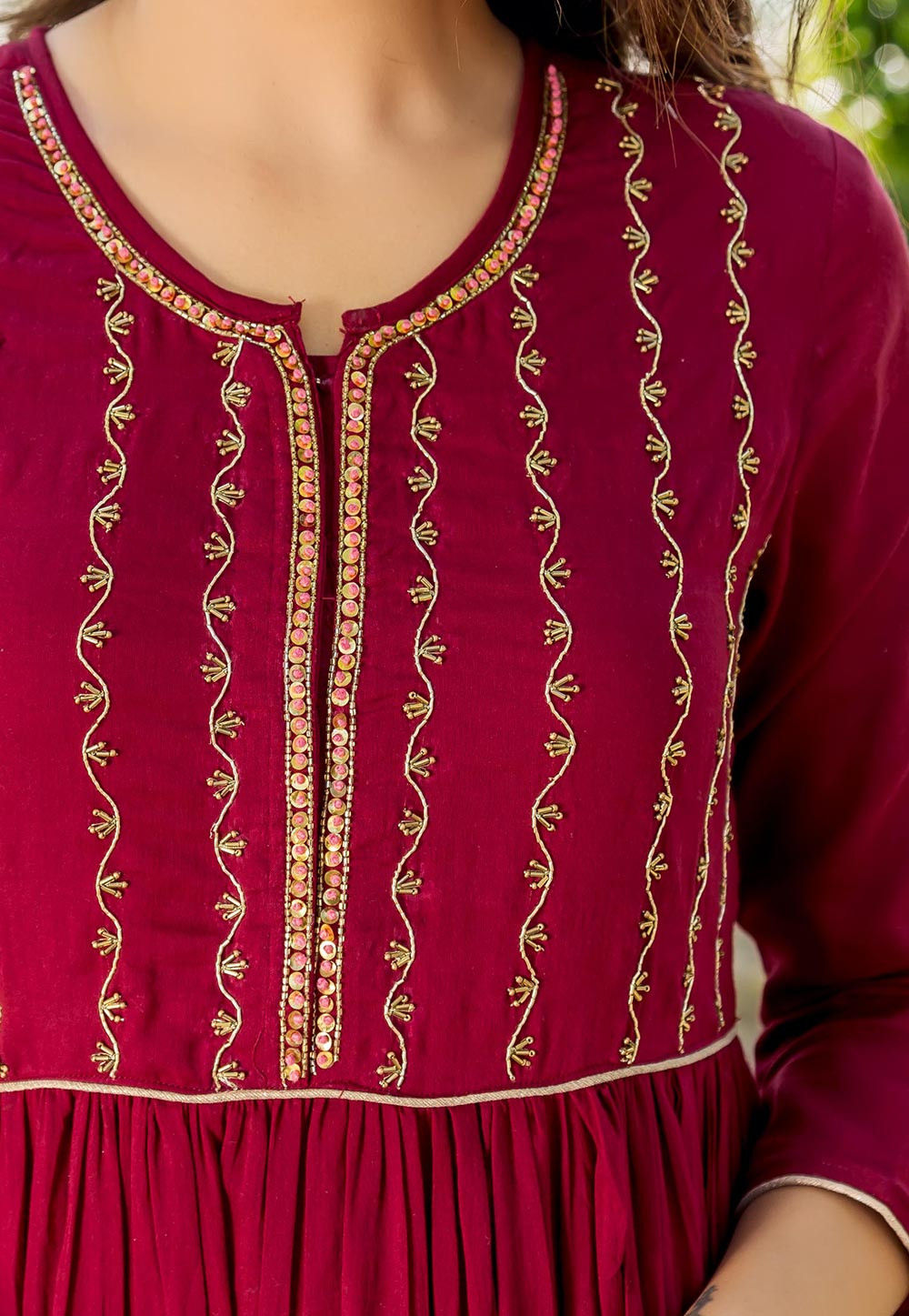 Embroidered Cotton Tiered Anarkali Kurta in Magenta : TQM544