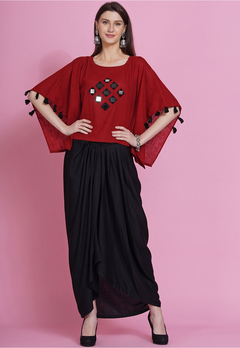 Buy Burgundy Embroidered Modal Top with Georgette Jacket and Dhoti - Set of  3, IW996/MPRT8