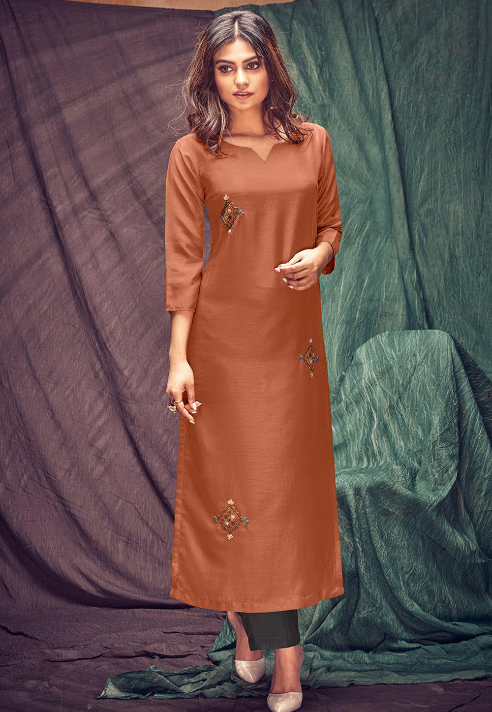 RUST DIGITAL PRINTED VISCOSE SATIN WITH HAND EMBROIDERY KURTA SET