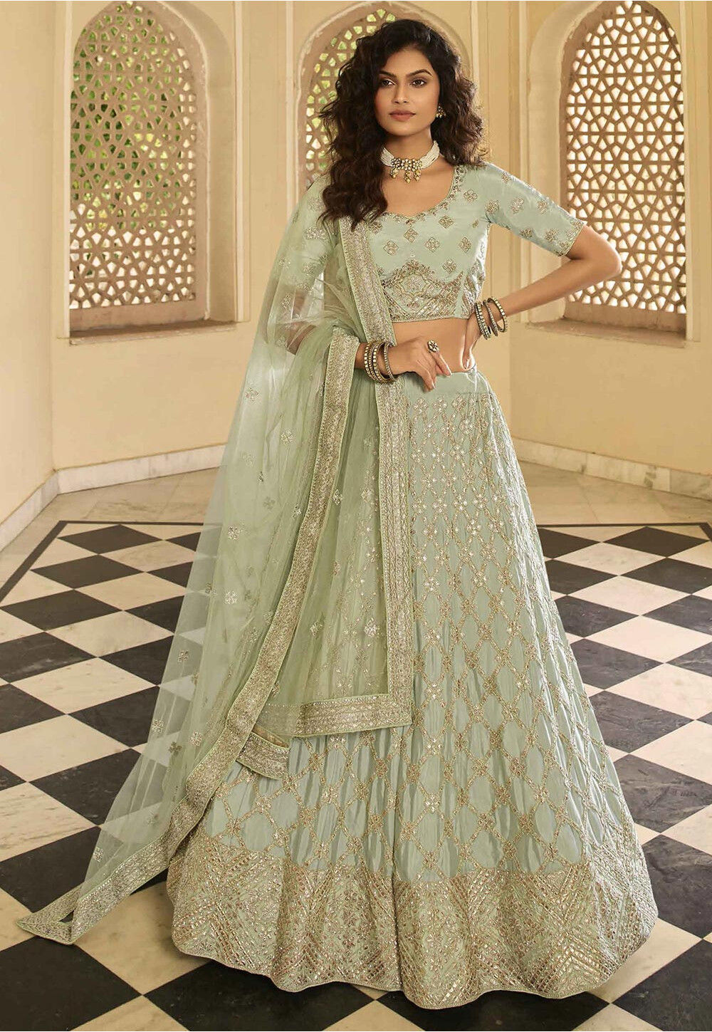 Pastel Green Colour Rich And Heavy Thread Embroidery With Mirror Work  Lehenga Set - KSM PRINTS - 4082659