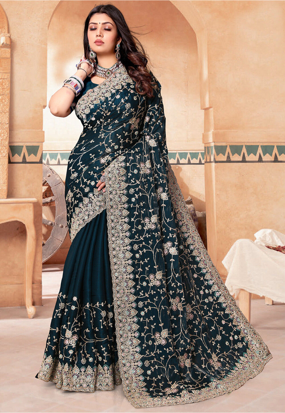 Turquoise Blue Embroidered Crepe Saree