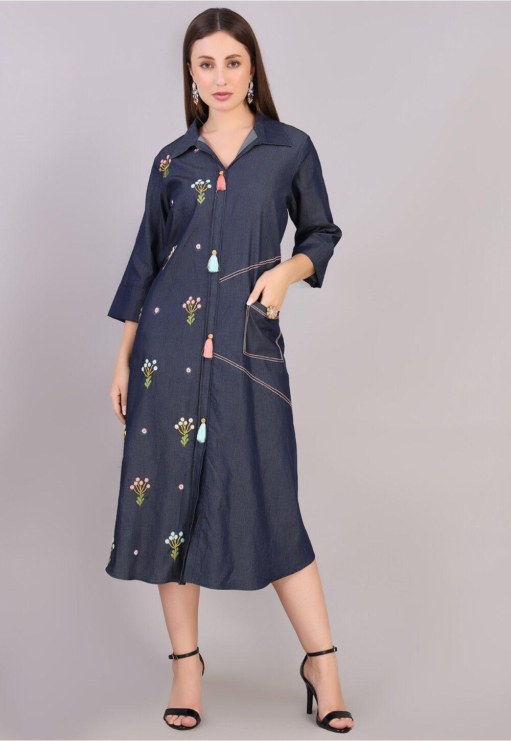 Buy Embroidered Denim Aline Dress in Blue Online TXK57 Utsav