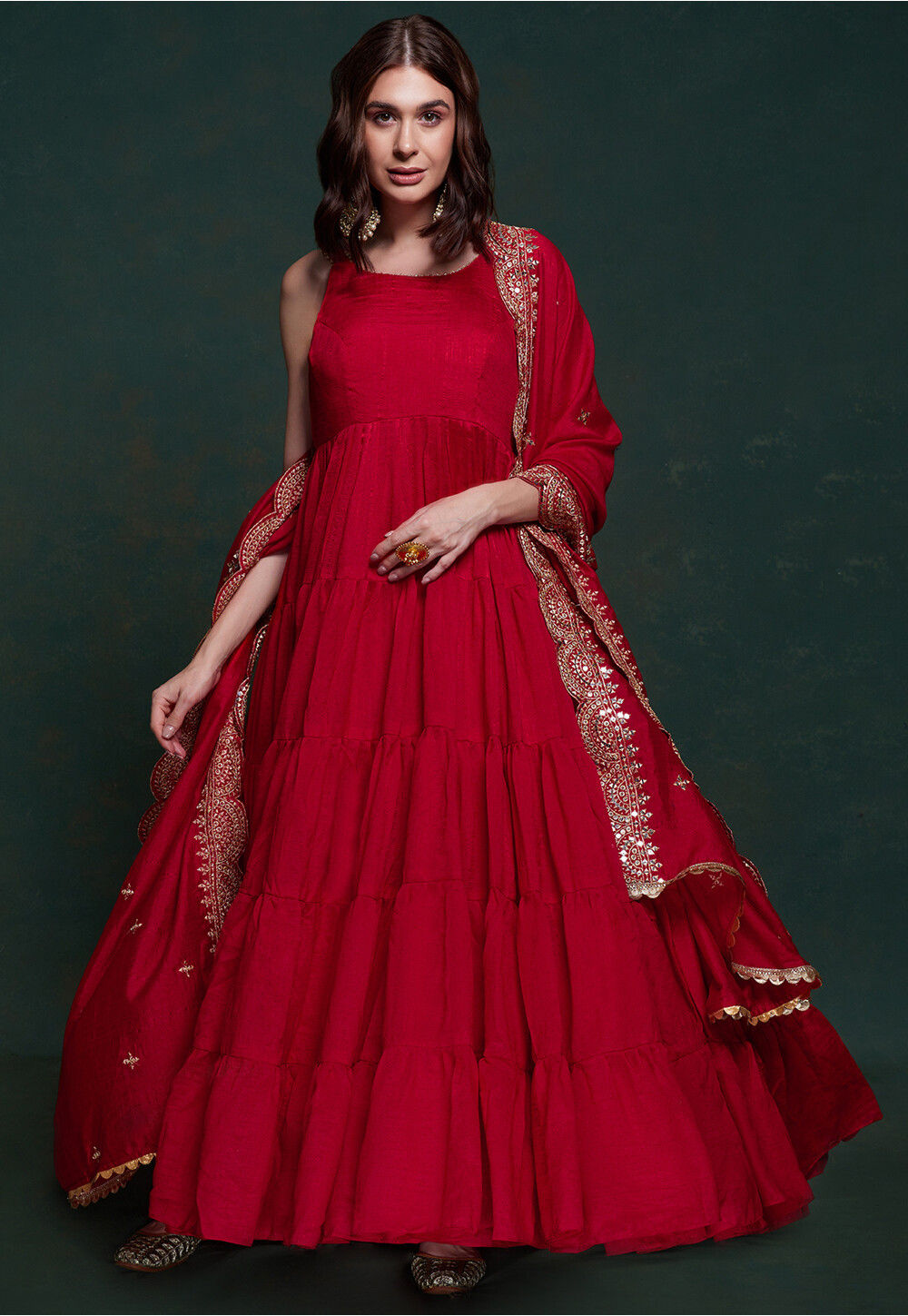 Embroidered Dupatta Art Silk Tiered Abaya Style Suit in Red Red