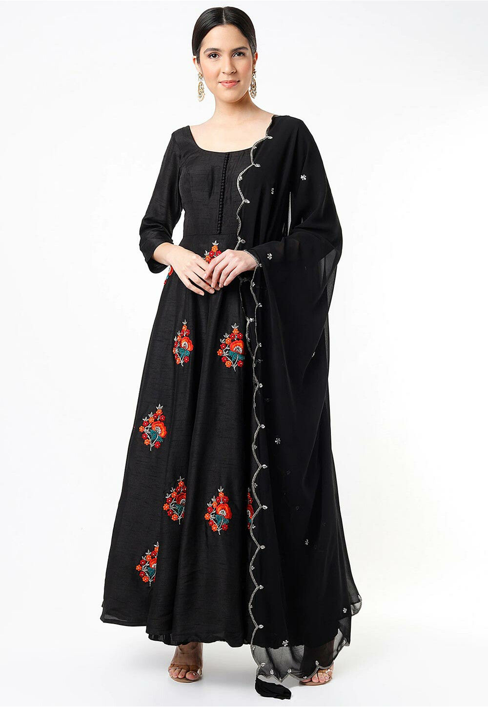 Buy Embroidered Dupion Silk Abaya Style Suit in Black Online : KMDF117 ...