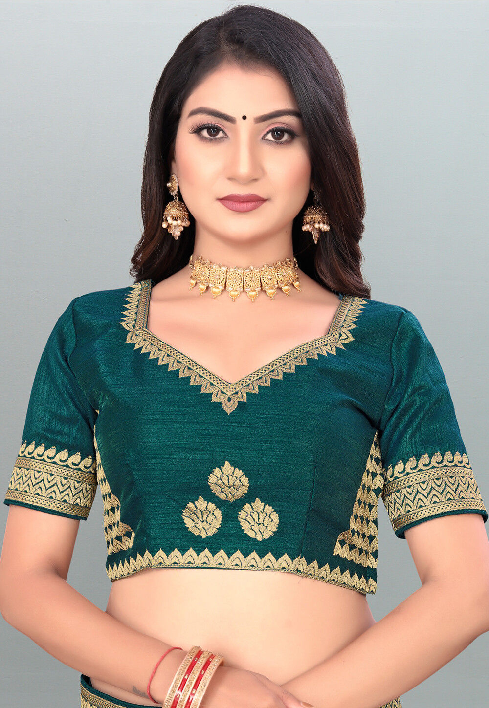 Embroidered Dupion Silk Blouse in Teal Green : UES89