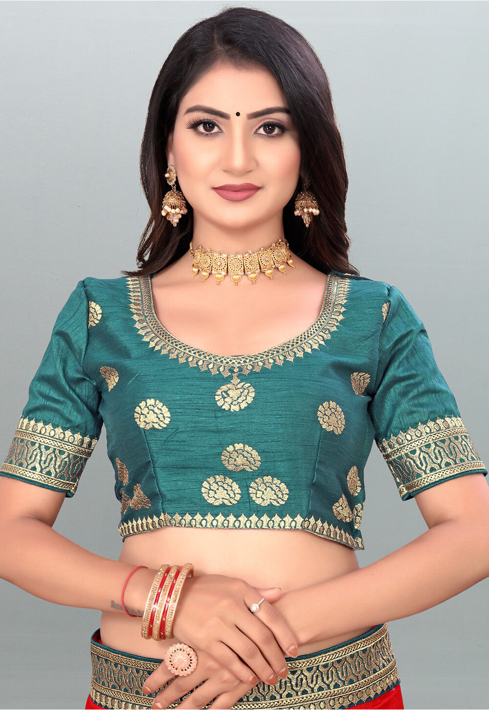 Embroidered Dupion Silk Blouse in Teal Green : UES92