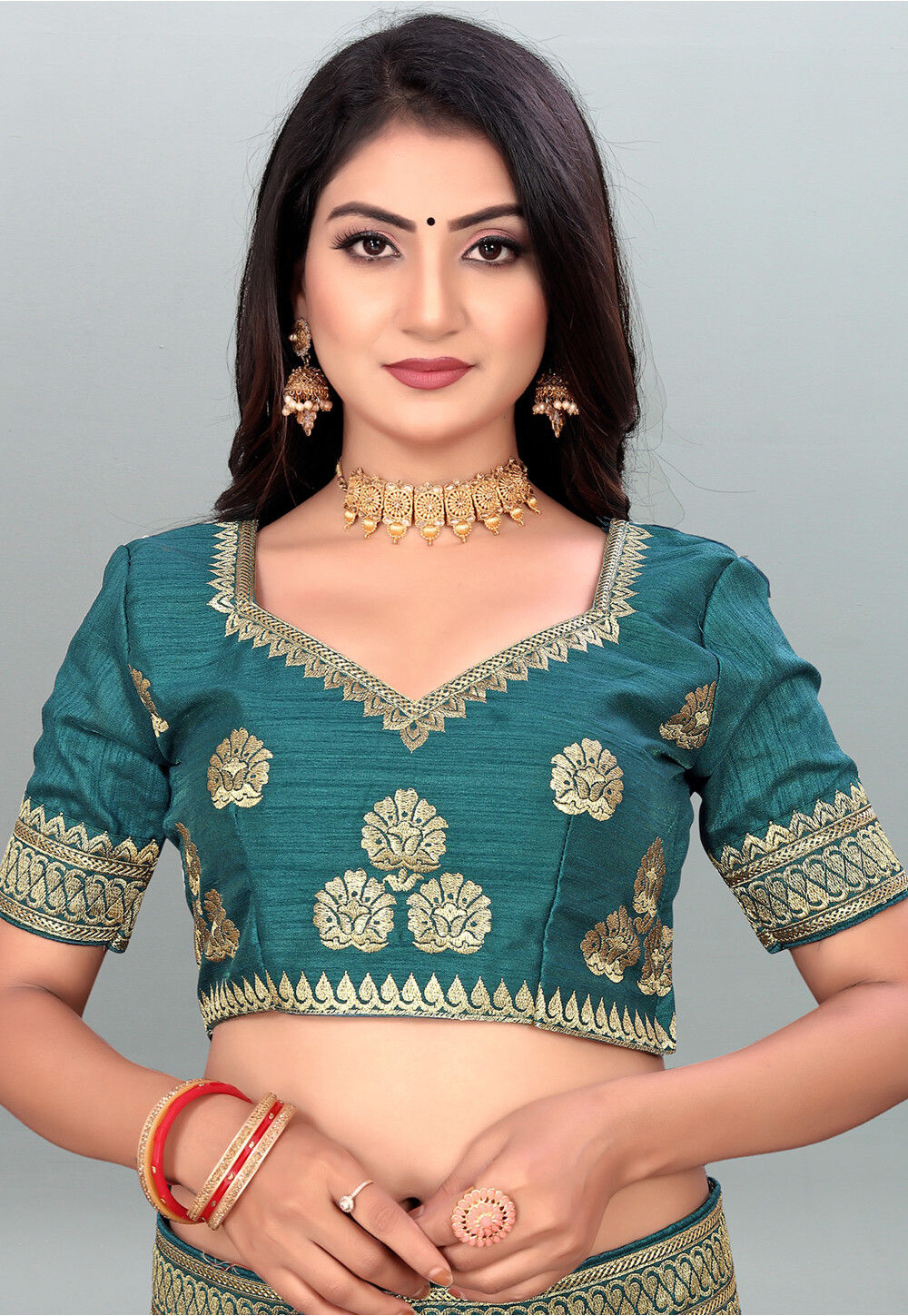 Embroidered Dupion Silk Blouse in Teal Green : UES93