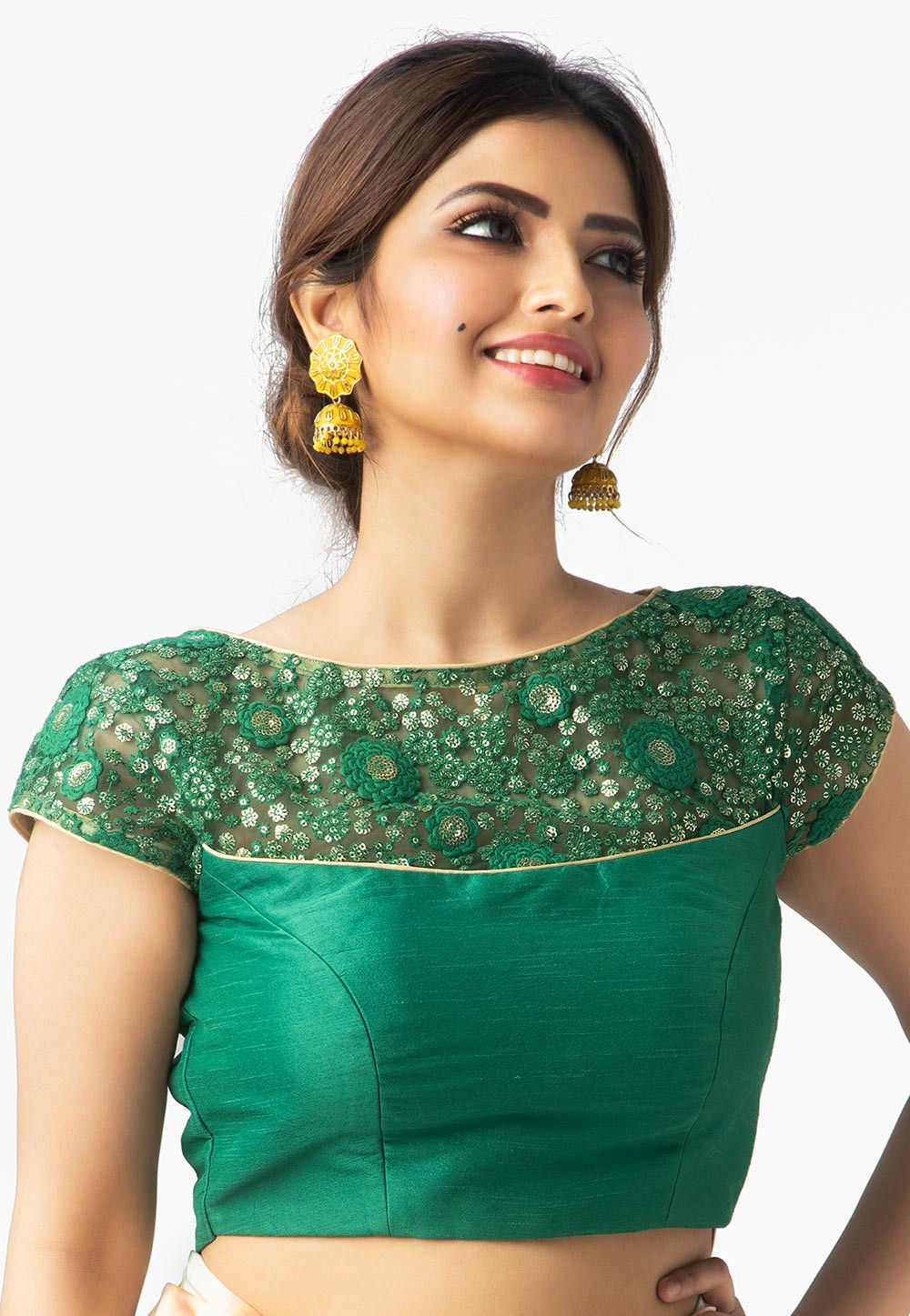 Embroidered Dupion Silk Blouse in Teal Green : UKH63