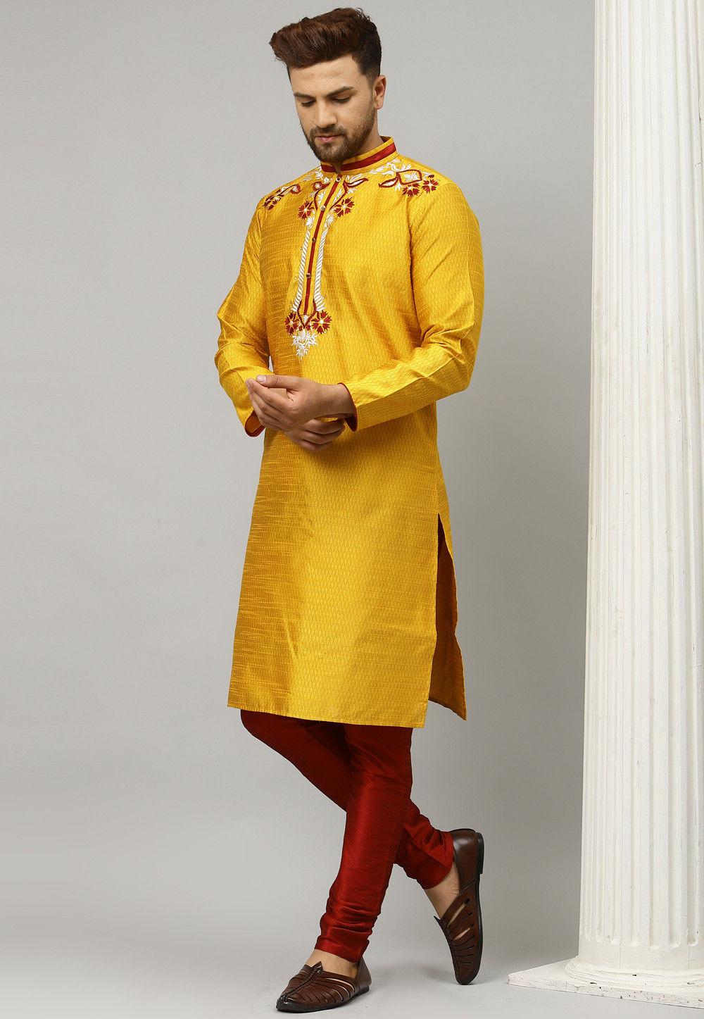 Embroidered Mustard Silk Blend Kurta Salwar And Dupatta Set For Men