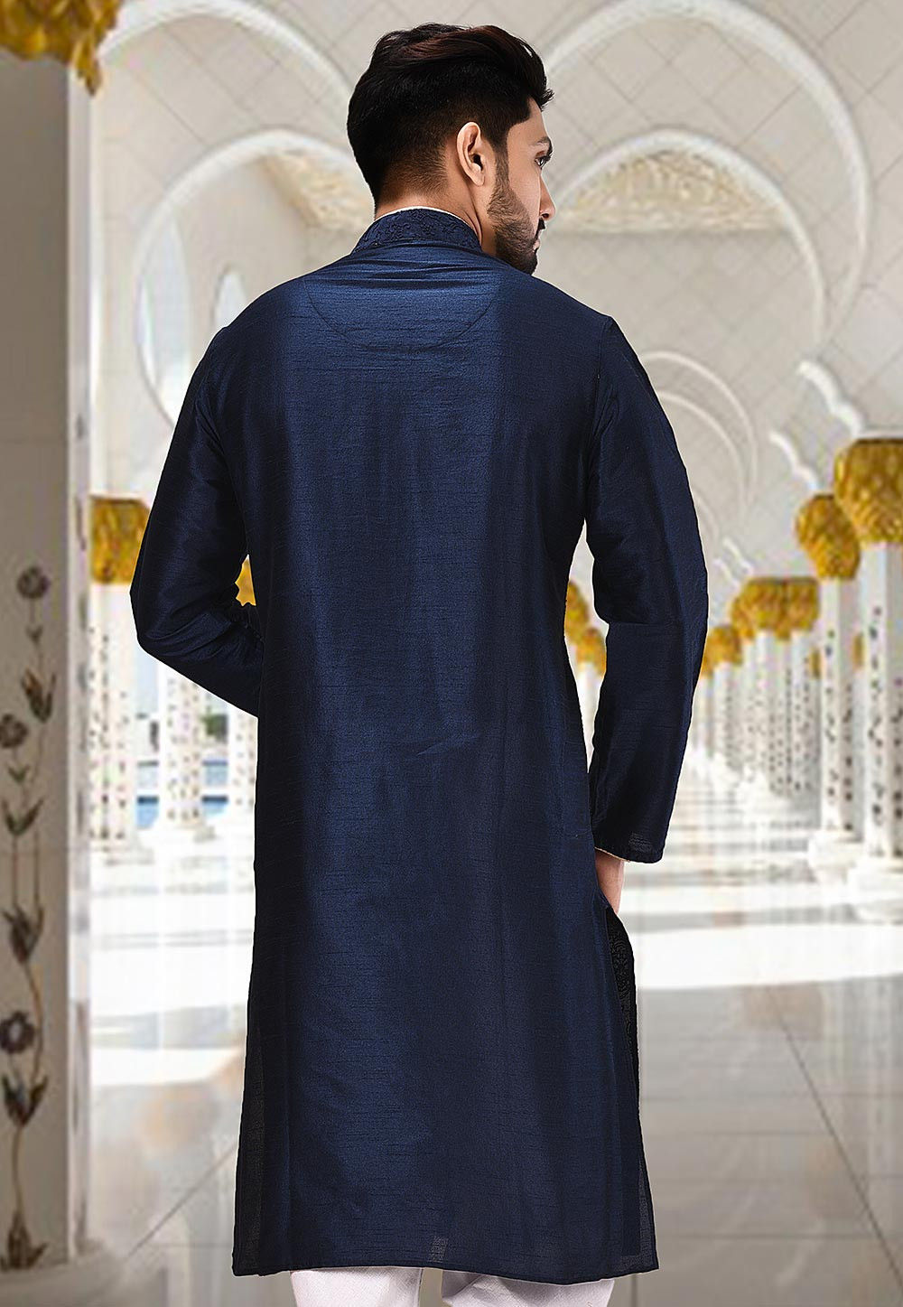 Men'S Navy Solid Dupion Silk Kurta Only