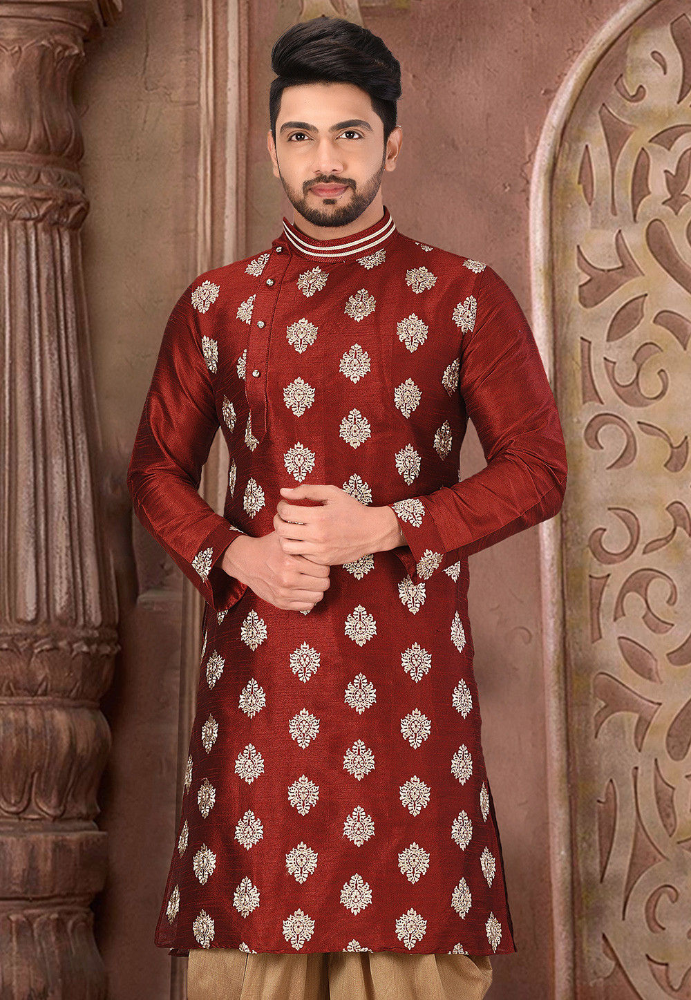 Men'S Maroon Solid Dupion Silk Kurta Only