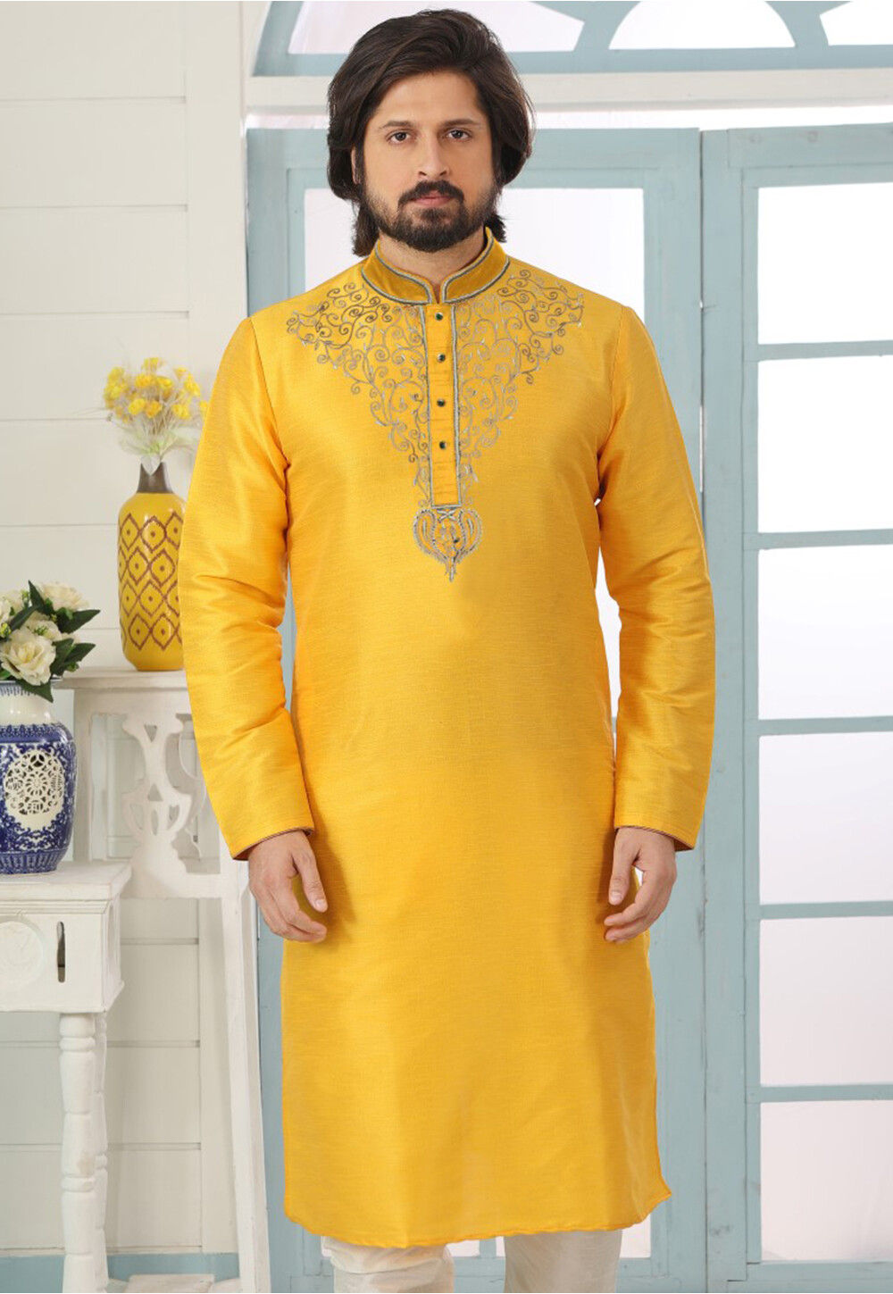 Men'S Yellow Dupion Printed Kurta Only