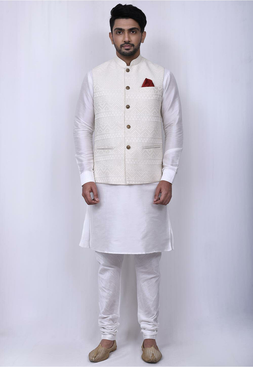 Embroidered Dupion Silk Kurta Jacket Set in White and Cream : MTX1725
