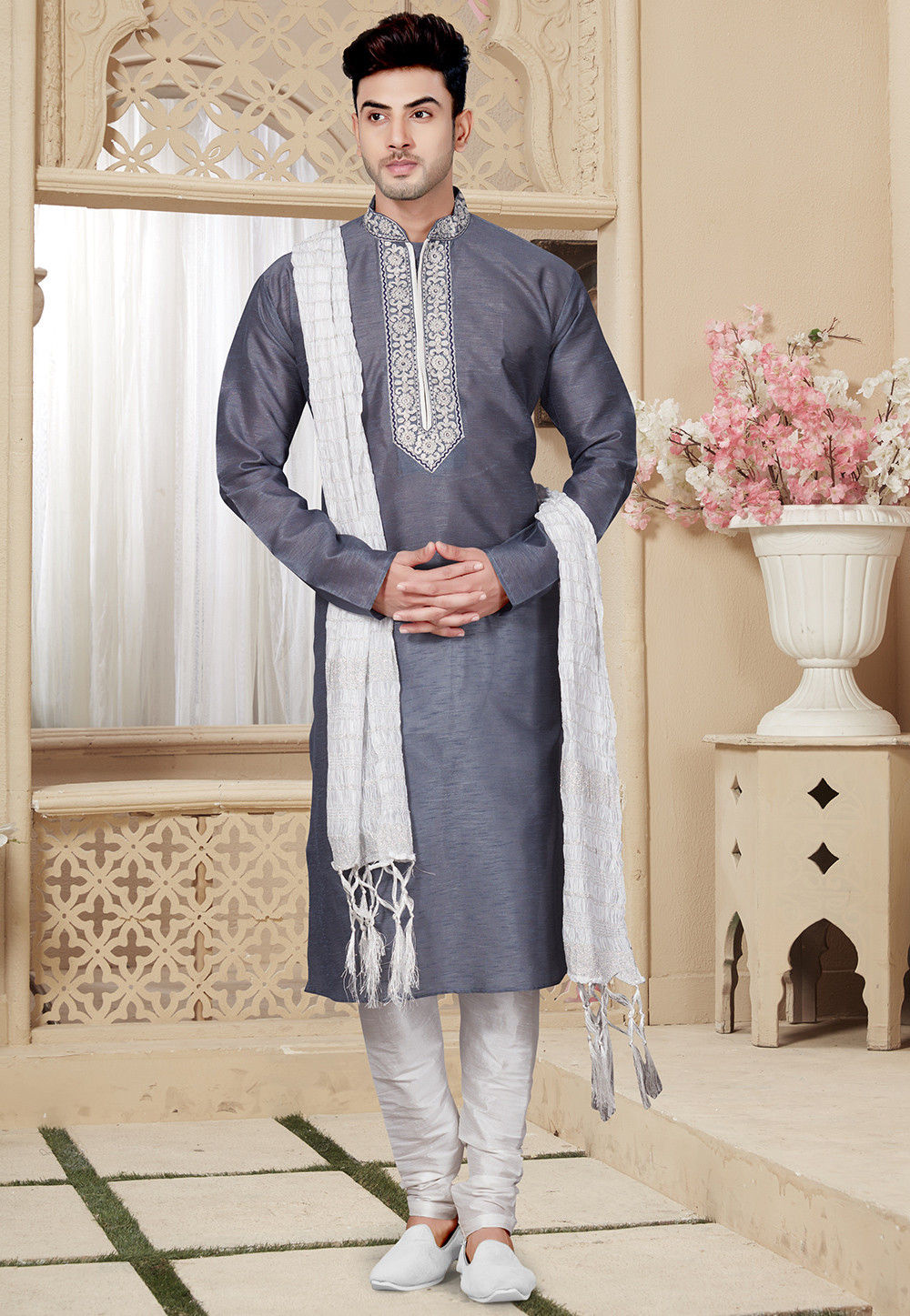 Elegant Men's Pure Dupion Silk Kurta Pyjama for Festivals