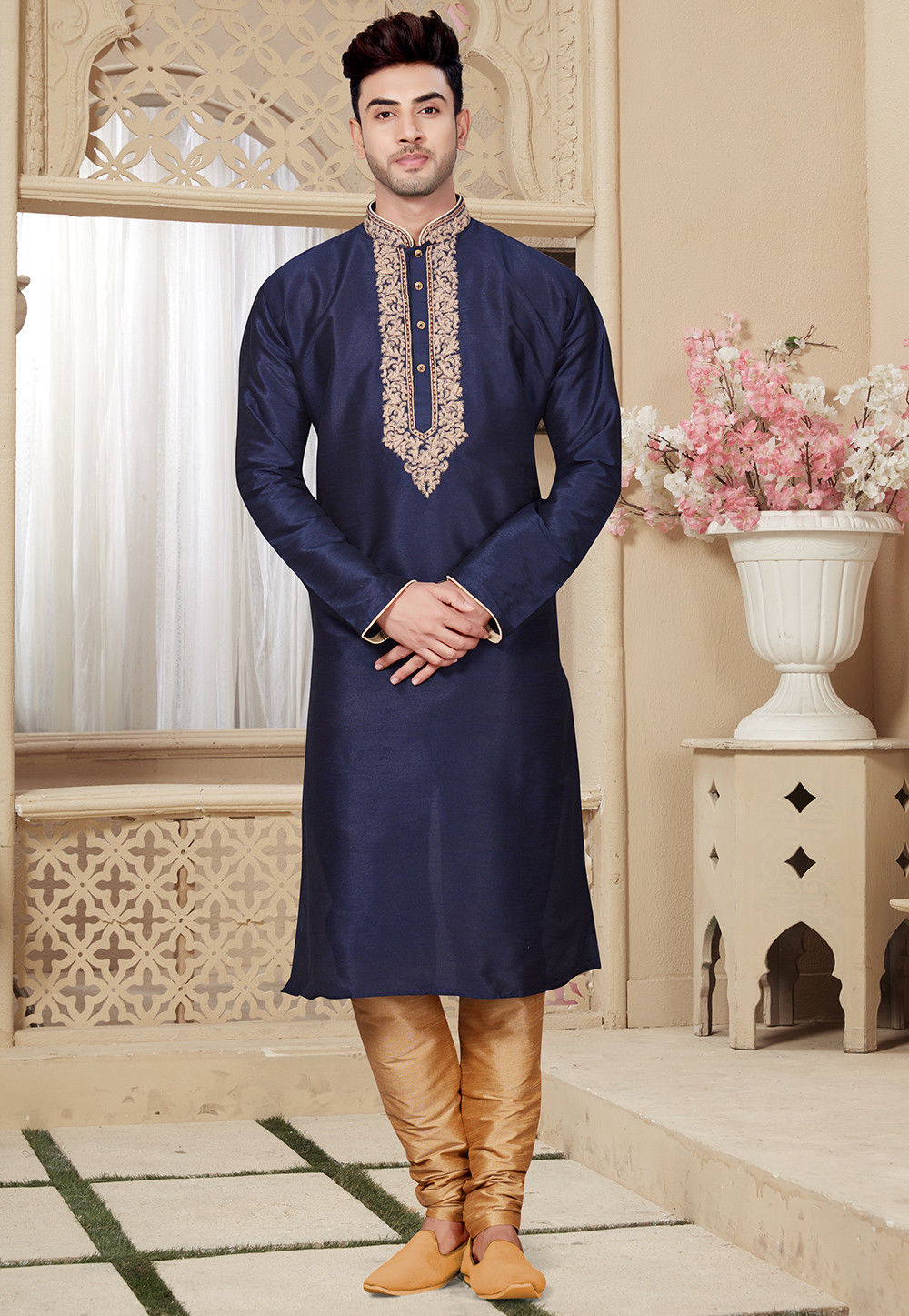 Buy Embroidered Dupion Silk Kurta Pajama in Navy Blue Online MUX329 Utsav Fashion