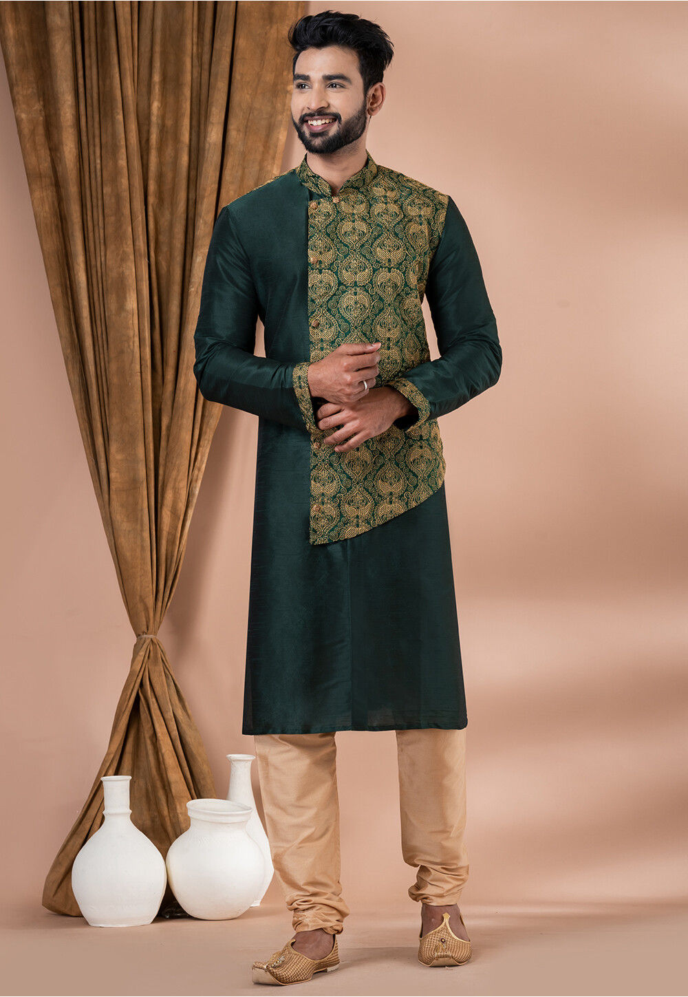 Olive Green - Polka Zari Buti Spun Dupion Silk Long Straight Kurta