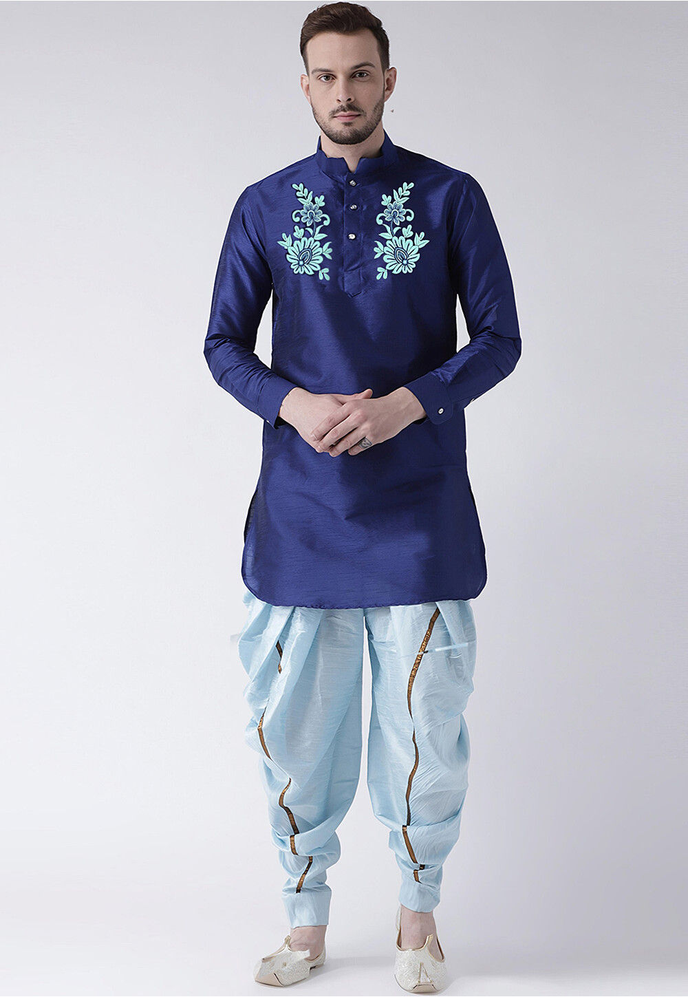 Navy Blue - Polka Zari Buti Spun Dupion Silk Long Straight Kurta