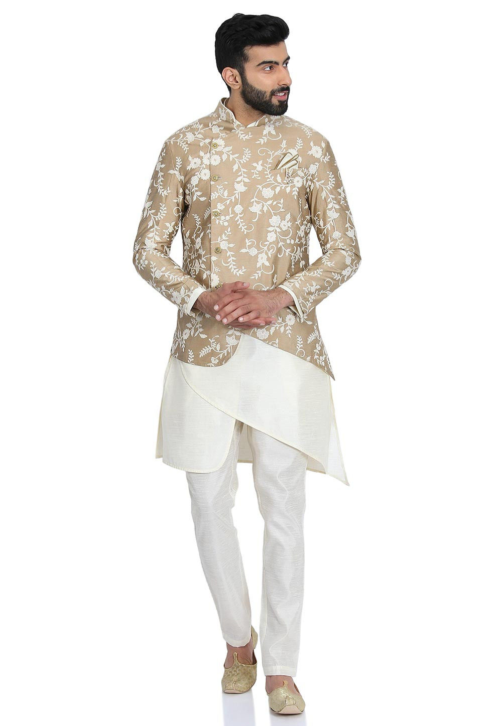 Men's Silk Kurta Pajama & Dupatta Set Embroidered Kurta White Color Plus Size 