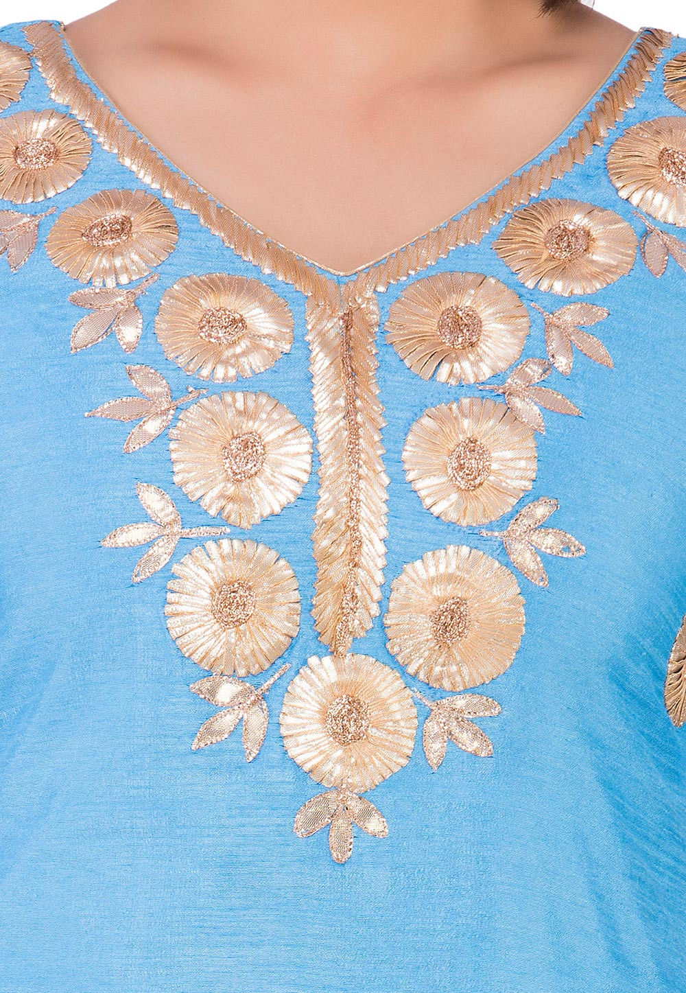 Ivory Green Dupion Silk Suit Set with Folklore Thread Embroidery