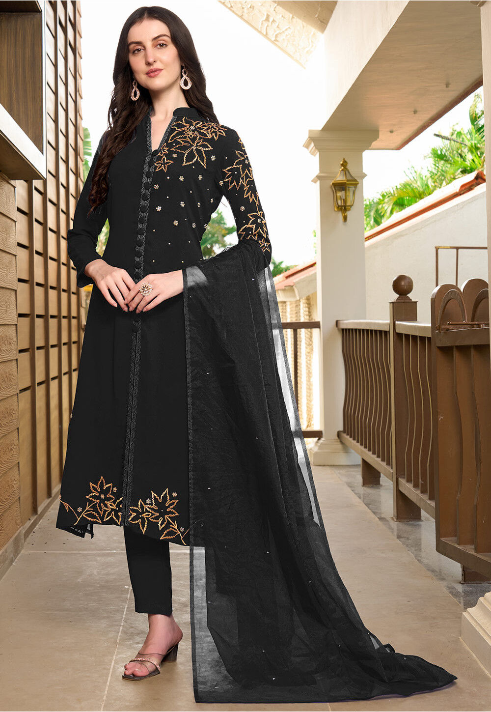 Line Patterned Suit Buy Embroidered Georgette A Line suit in Black Online : KNF1013 - Utsav ...