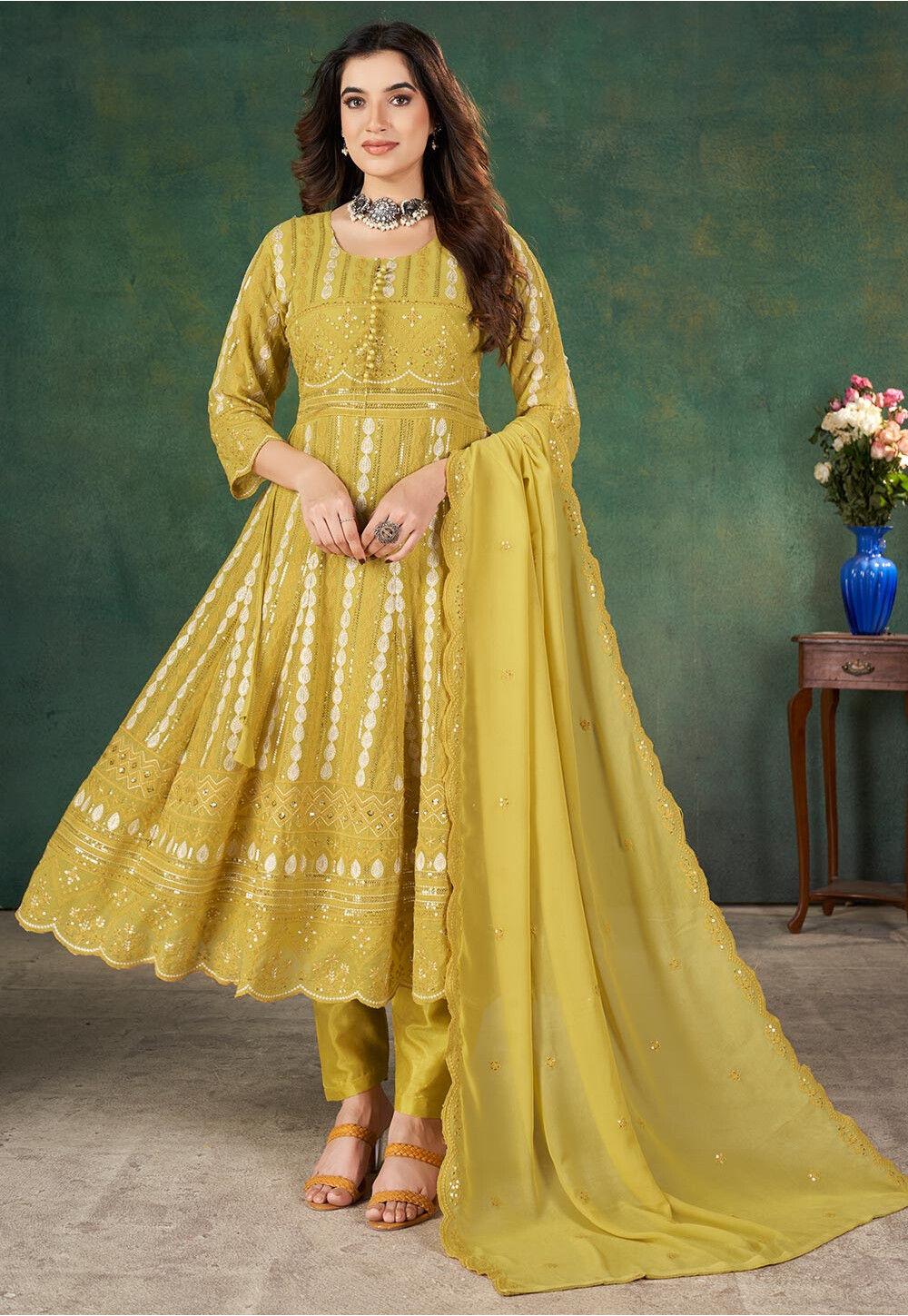 Buy Embroidered Georgette A Line Suit in Yellow Online : KJZ231