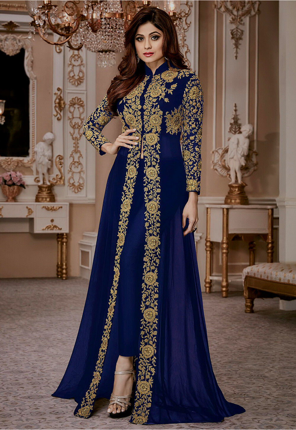 Shop Teal Blue Embroidered Art Silk Abaya Style Suit | Gunj Fashion