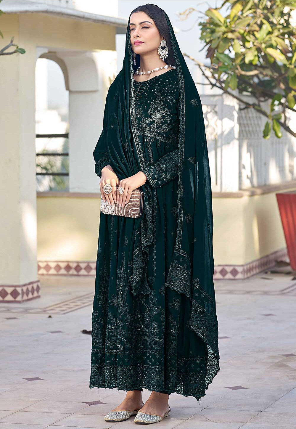 Embroidered Georgette Abaya Style Suit in Dark Green Green Salwar