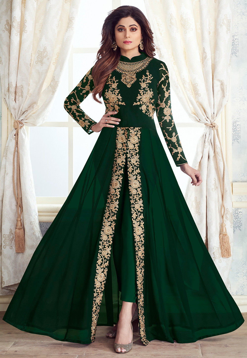 Embroidered Net Abaya Style Suit in Dark Green