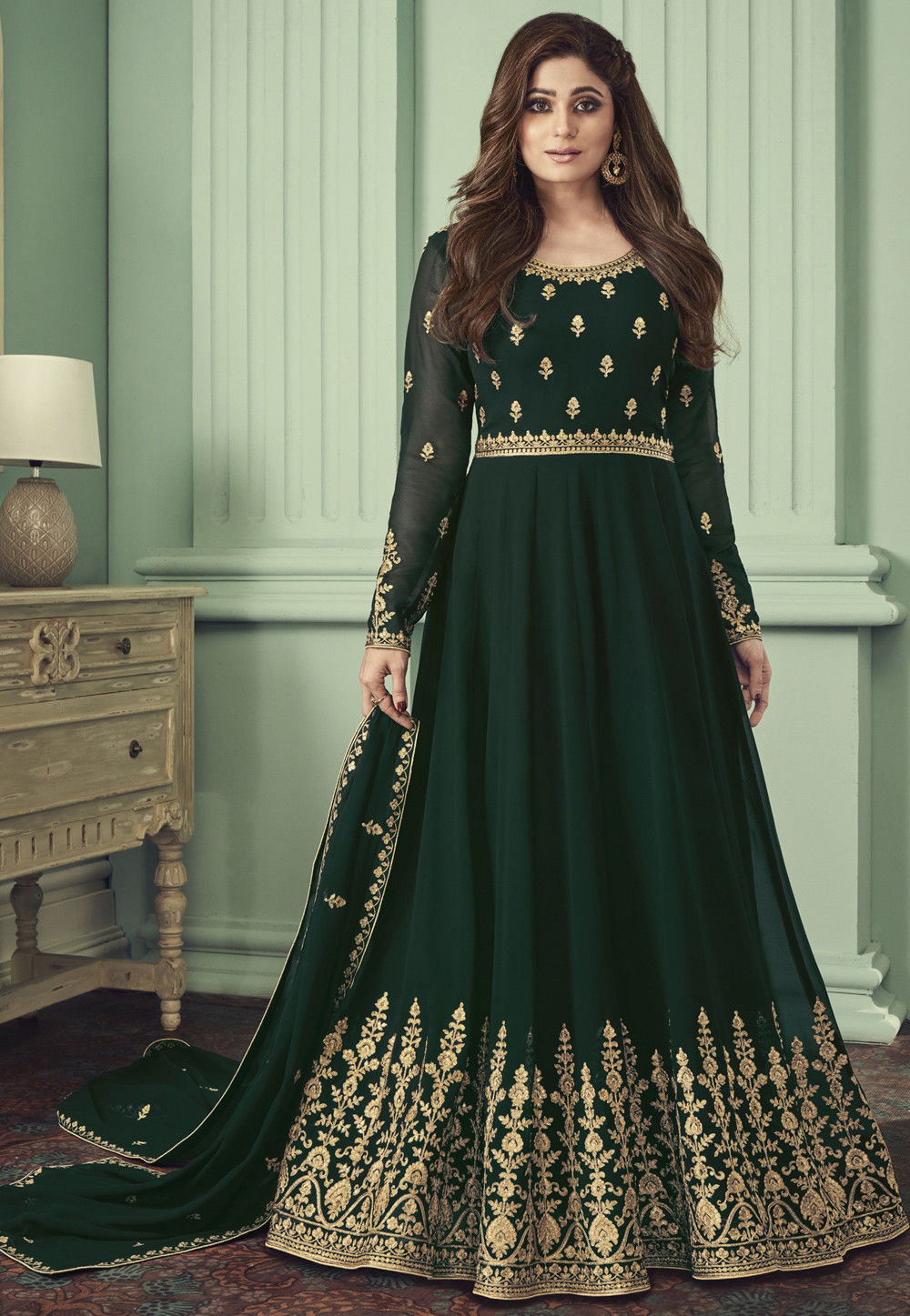 Embroidered Front Slit Georgette Abaya Style Suit in Green : KCH5333