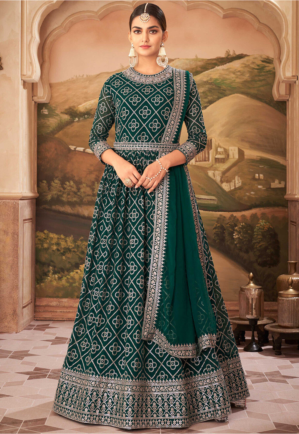 Embroidered Georgette Abaya Style Suit in Dark Green : KCH8737