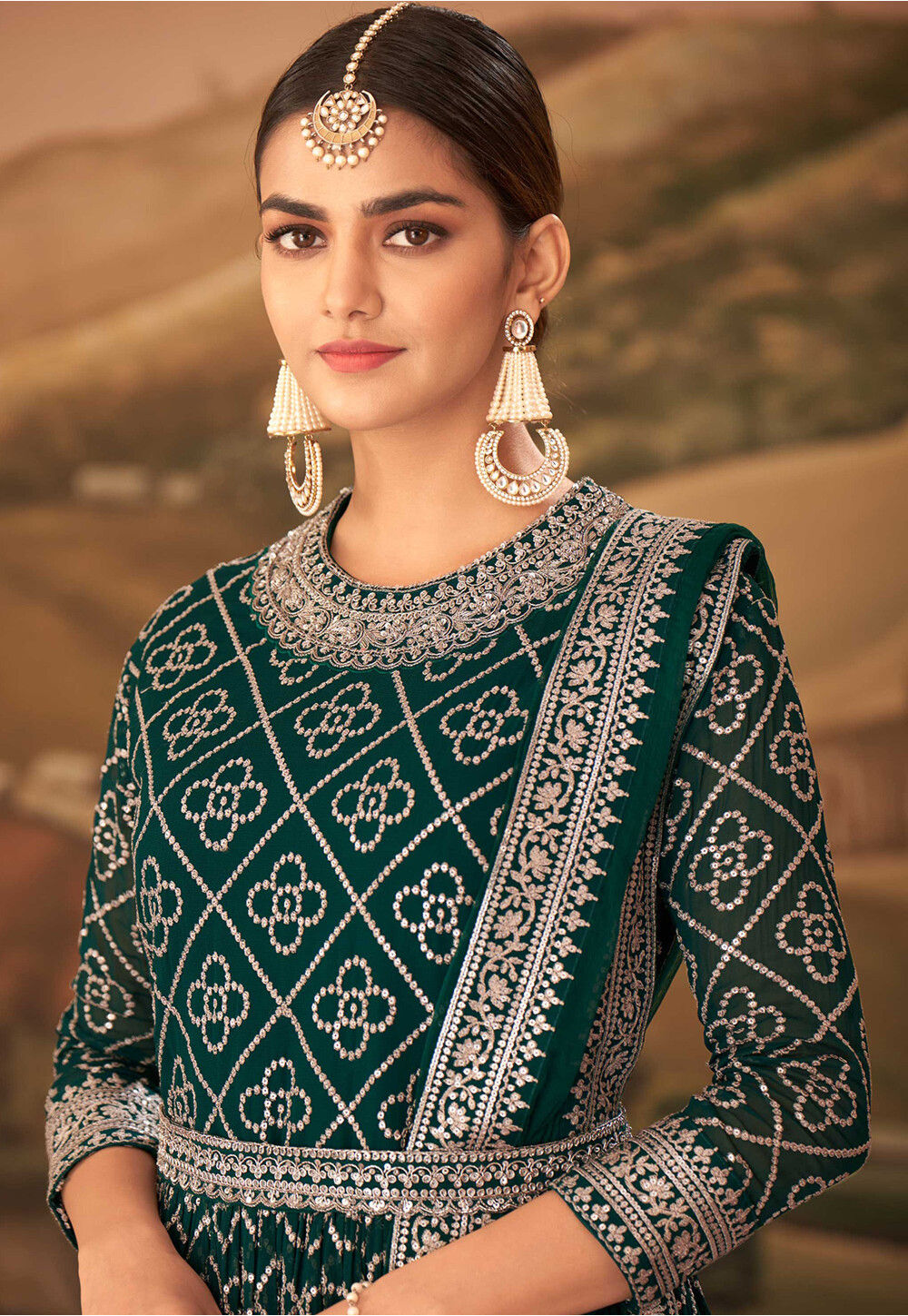 Embroidered Georgette Abaya Style Suit in Dark Green : KCH8737