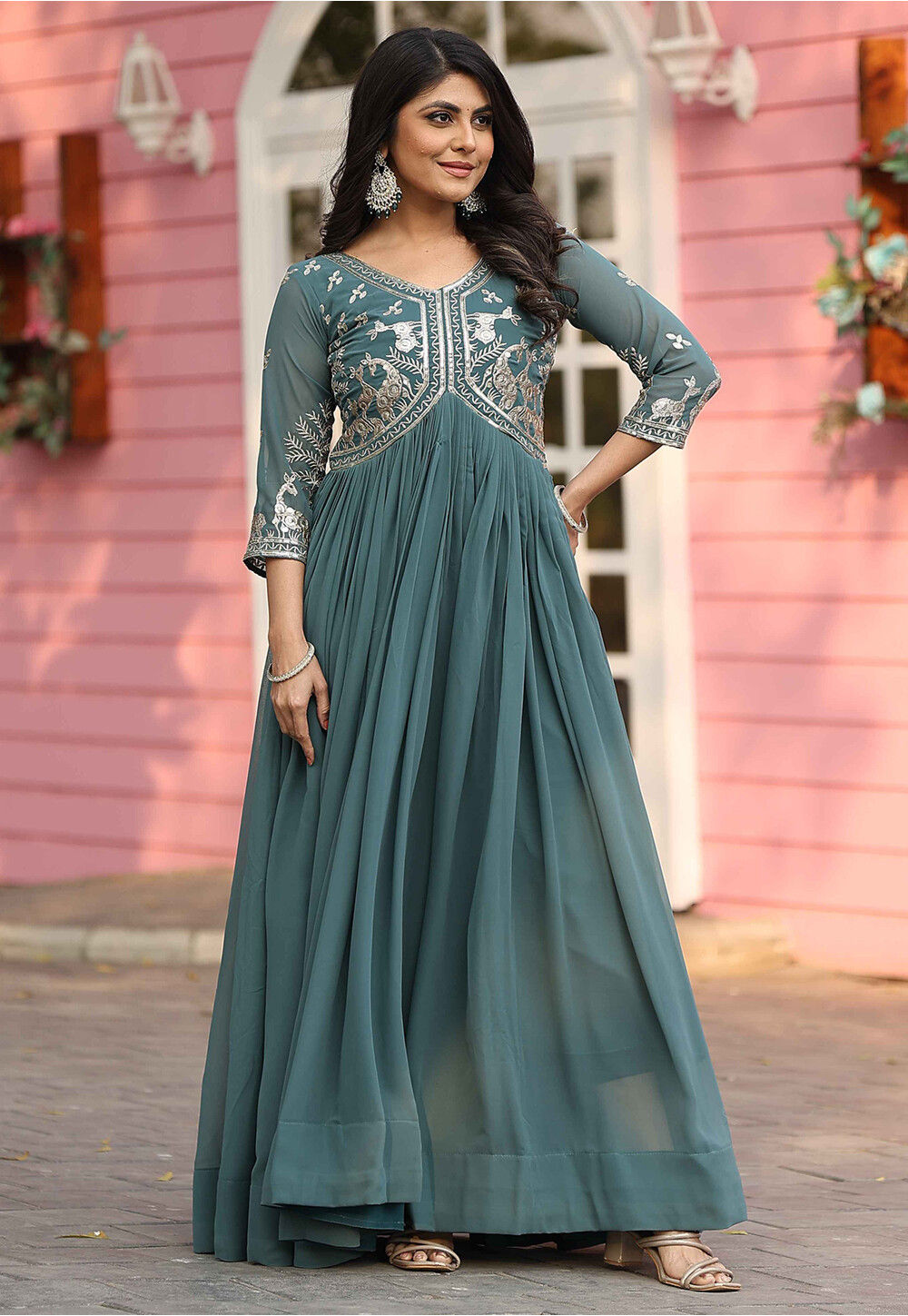 Embroidered Georgette Abaya Style Suit in Dusty Blue Blue Salwar