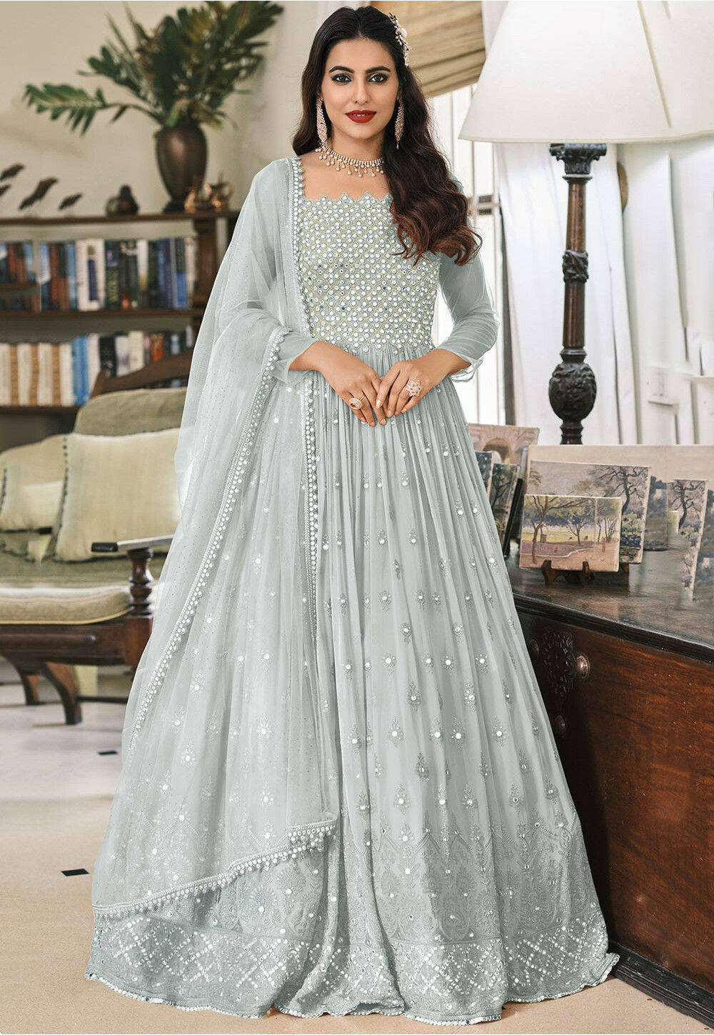 Embroidered Georgette Abaya Style Suit in Grey : KCH9217