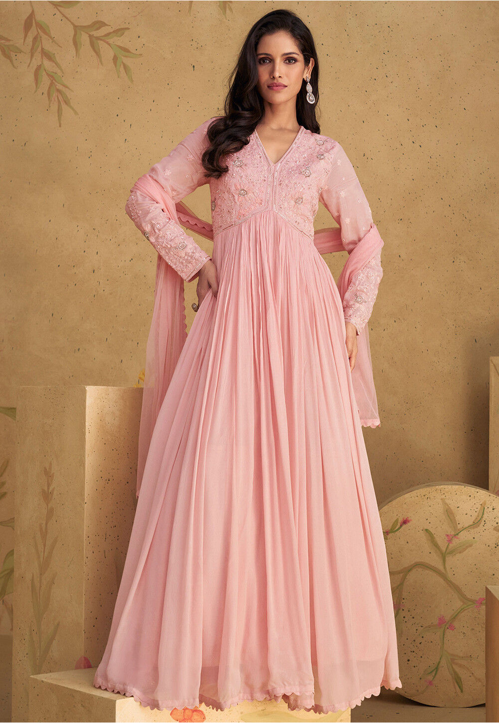 Embroidered Georgette Abaya Style Suit in Light Pink Salwar Kameez