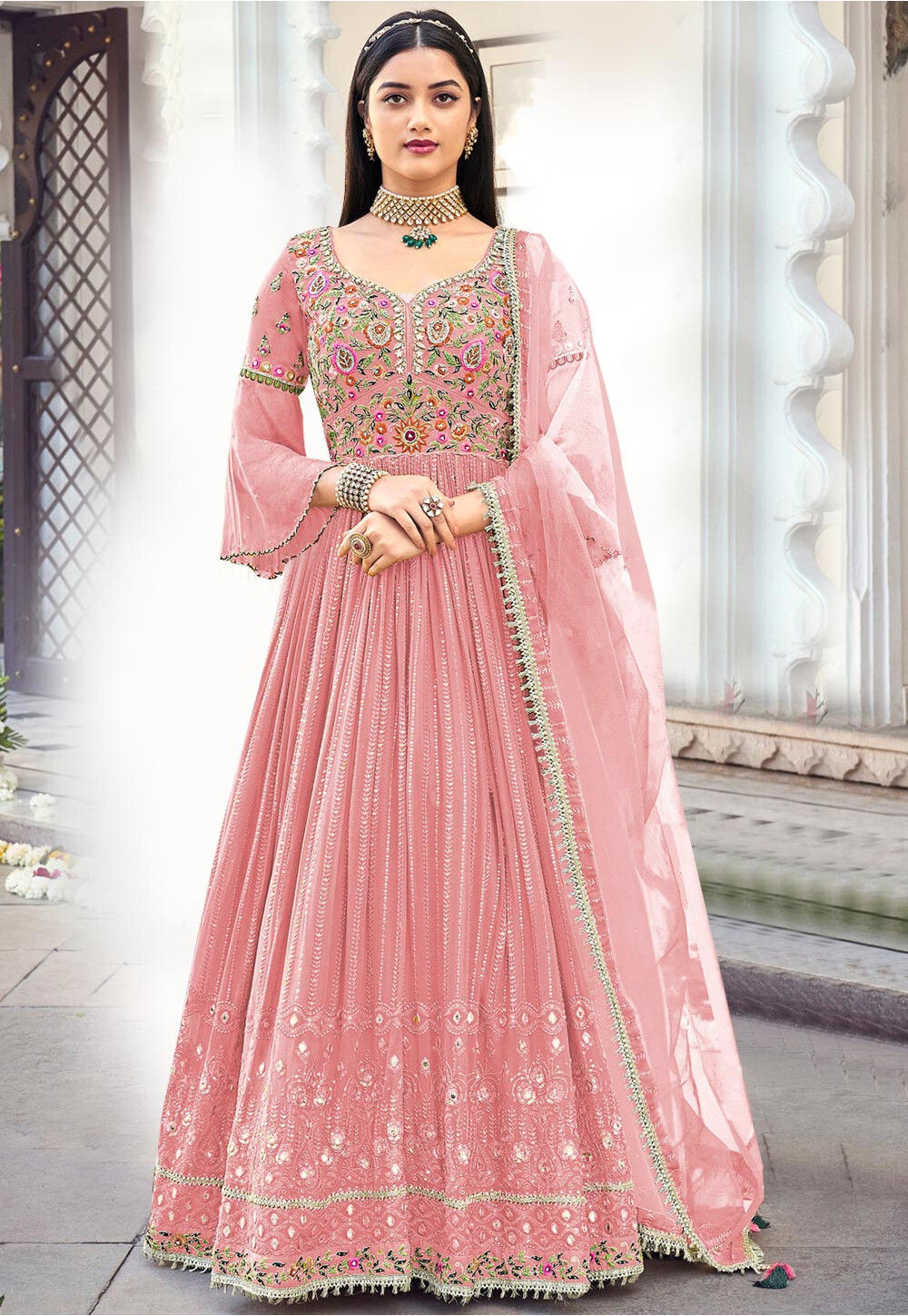 Pink And White Casual Wear Ladies Georgette Printed Frock Suit, Size: XL at  best price in Surat