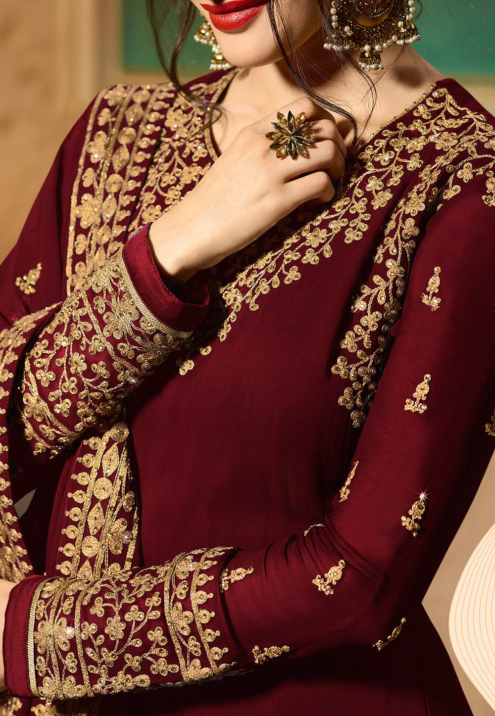 Embroidered Georgette Abaya Style Suit in Maroon : KCH2693